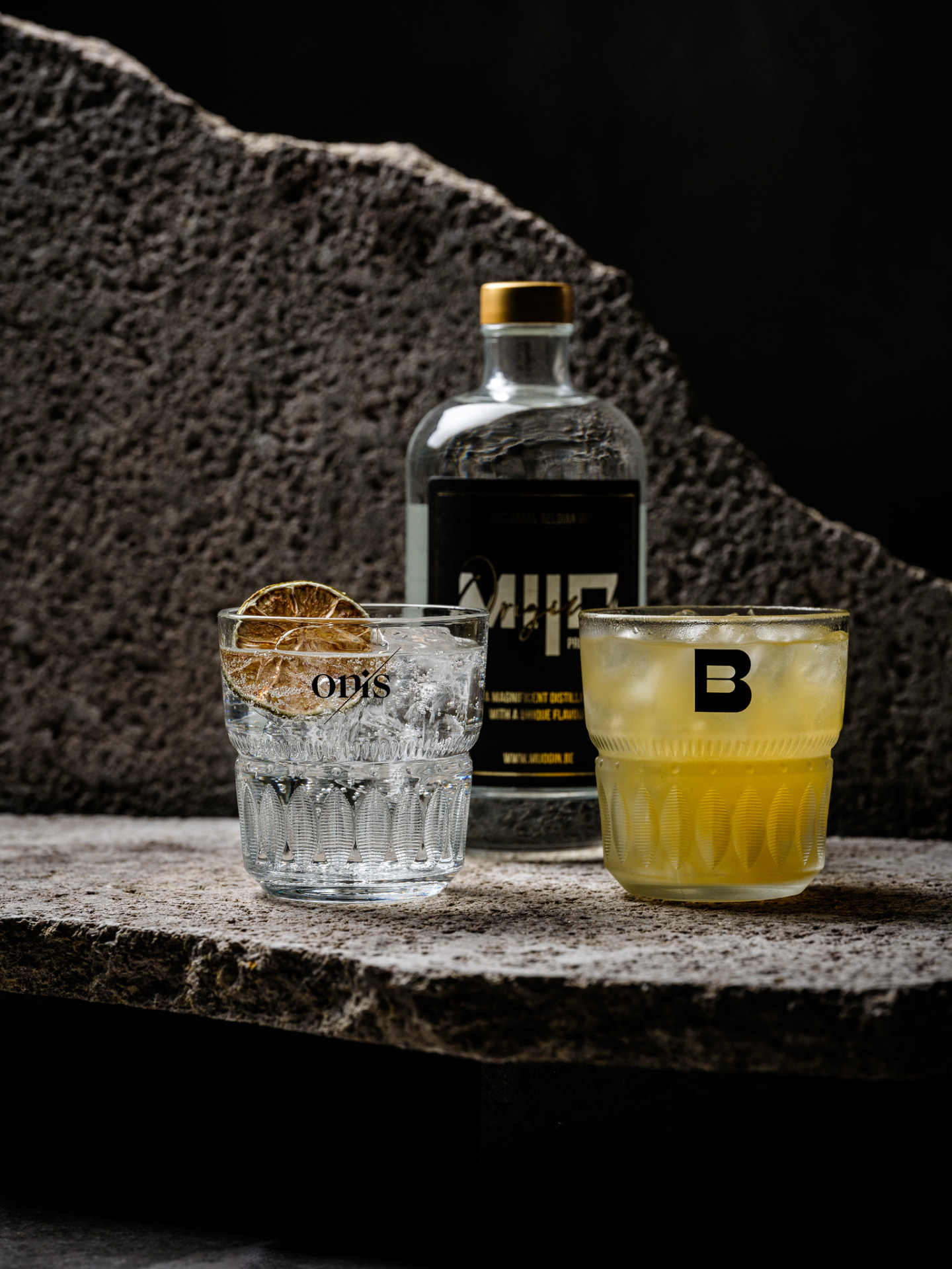 De fles Mijo Gin gefotografeerd met twee afgewerkte drankjes op een stenen bar
